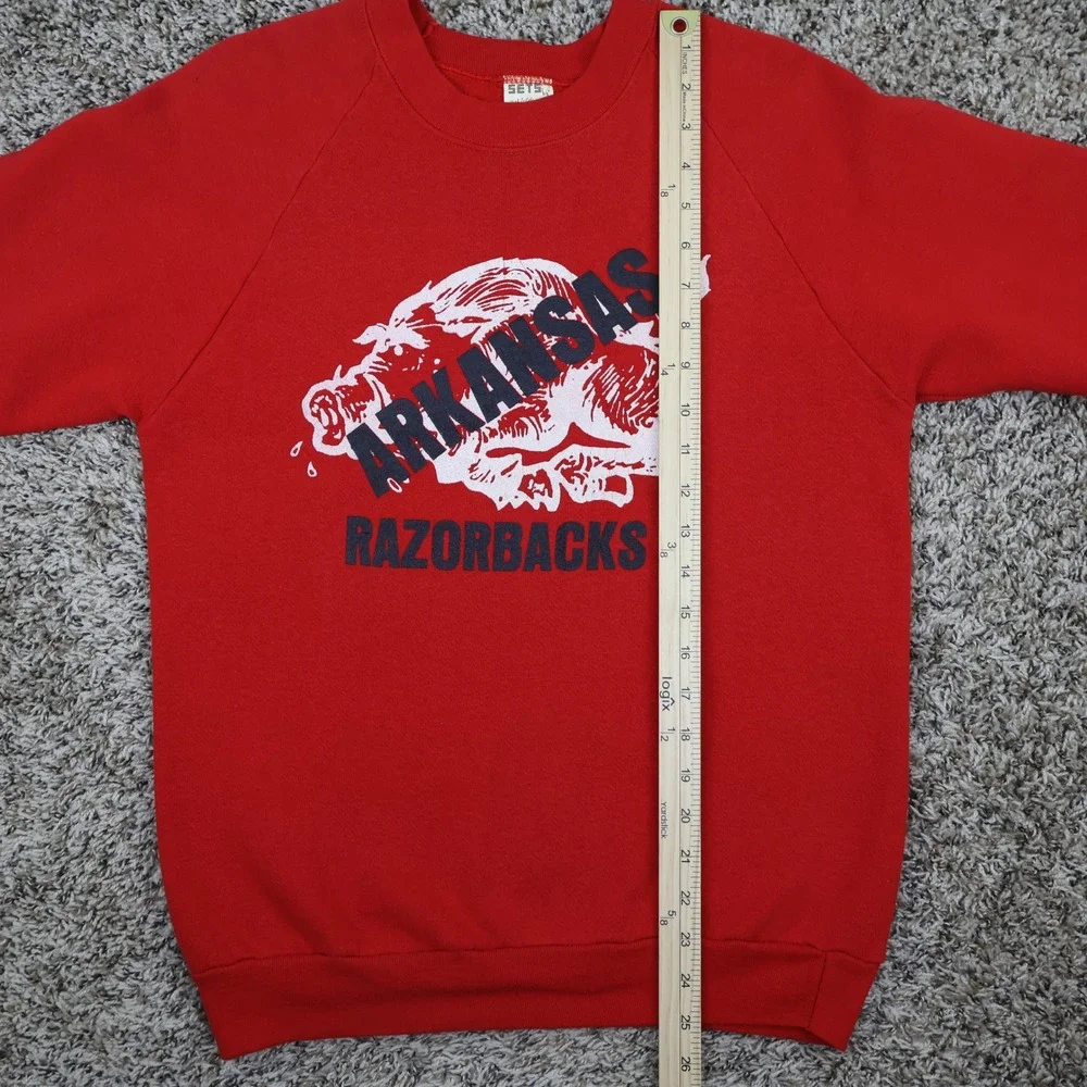 Vintage 80s Arkansas Razorbacks Sweatshirt Large Red Cotton Blend Raglan NCAA - Picture 12 of 14